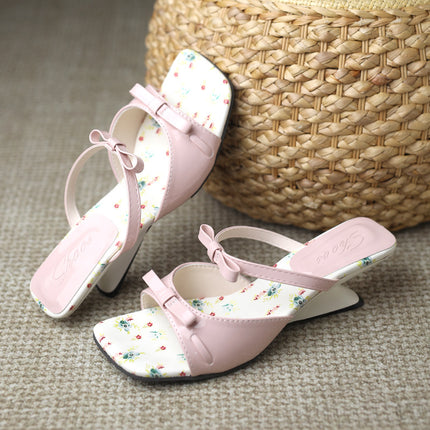 French Elegant Wedge-Heeled Slippers for Women, Square Toe, Open-Toe, Bow-Knot High-Heeled Sandals, 2025 Summer New Style