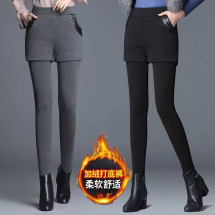 fleece-lined Thickened Leggings Women's Outer Wear Fake Two-Piece Pants Winter plus size Warm Hip Leggings Women's Culottes