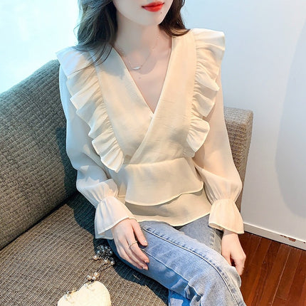 2025 Early Spring Super Fairy Ruffled Chiffon Shirt Foreign Style Age-reducing Light Mature Goddess Fan Long Sleeve V-neck Shirt for Women