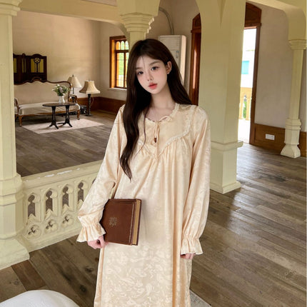 [Cheese Long Dress] Spring and Summer New Jacquard Girl's Short-sleeved Long Dress Pajamas Women's Thin Fairy Style Home Clothes