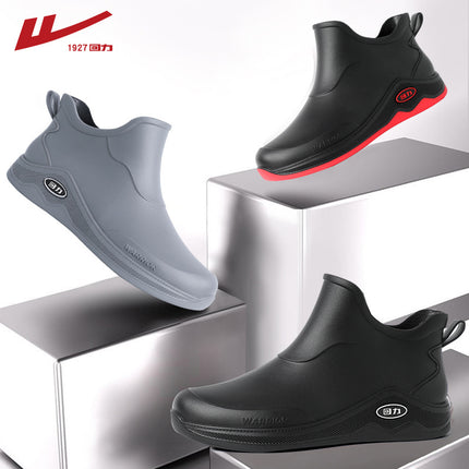 Pull Back New Fashion Men's Rain Boots Short-Tube Rubber Shoes Water Shoes Non-Slip Wear-Resistant Car Wash Work Waterproof Shoes Warm Winter
