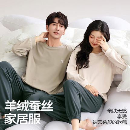[Cashmere Silk] New Autumn and Winter Long-Sleeve Couple Pajamas Women's Comfortable Stretchy Homewear Set Two-Piece Set