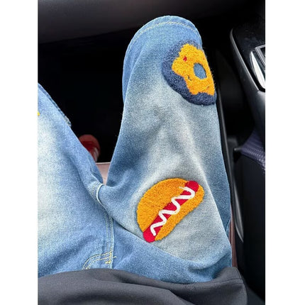 Retro Burger Fries Towel Embroidered Denim Shorts for Men and Women Loose Summer 2025 New Straight Wide Leg Pants
