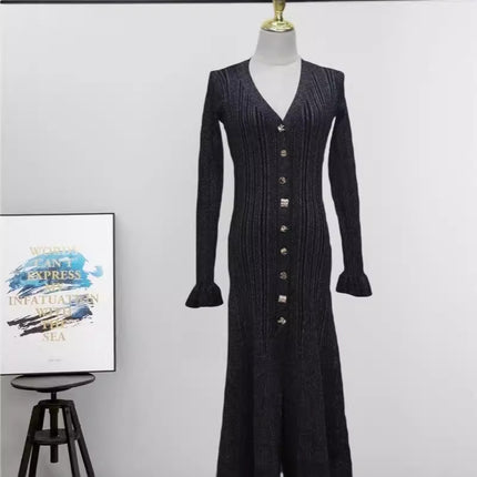 Cross-Border European and American Autumn and Winter New Style French Socialite Light Luxury Fine Glitter V-Neck Long-Sleeve Waist-Cinching Slimming Knit Dress