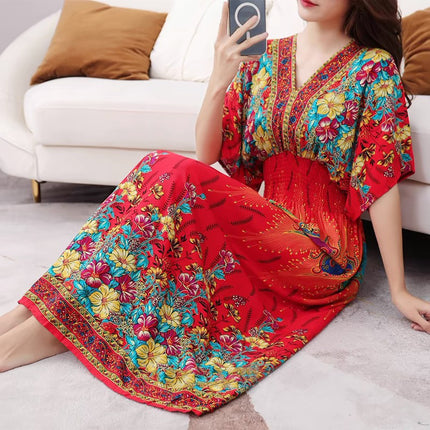 Cross-border ethnic style V-neck cotton silk short-sleeved beach skirt Thailand travel dress summer printed holiday floral skirt