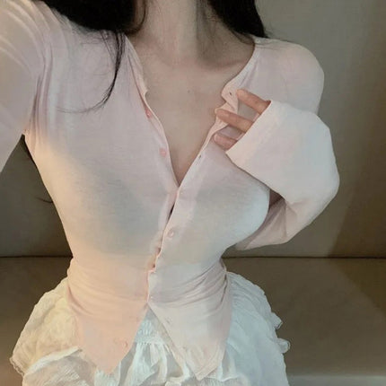 South Korea Dongdaemun New Product Beautifies Body ~ Gentle and Comfortable Swan Neck Shown Body Cardigan T-shirt