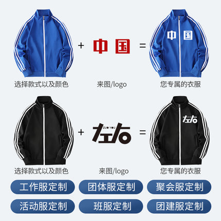 Custom Three-Stripe Sweatshirt Chinese Sportswear Set with Additional Text, Sports Team Uniform, Stand Collar Cardigan Jacket
