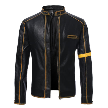 Foreign Trade Amazon European and American Men's Wear Old Motorcycle Leather Jacket Men's Youth Vertical Collar Motorcycle Leather Jacket