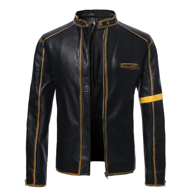 Foreign Trade Amazon European and American Men's Wear Old Motorcycle Leather Jacket Men's Youth Vertical Collar Motorcycle Leather Jacket