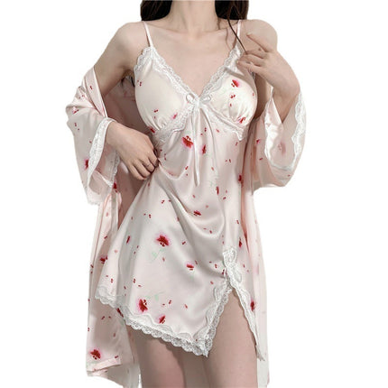 Jiangnan Style Fresh Print Fashion Casual Home Clothes Spring and Summer Sexy Deep V Women's Sling Skirt Nightgown Two-Piece Set