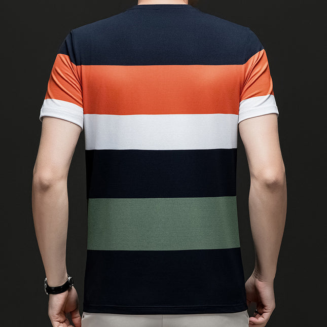 Mingdi Mouse Men's Summer New Business Casual Plus Size T-shirt Casual Round Neck Striped Short-sleeved Men's T-shirt