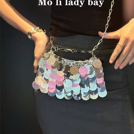 2025 New Silver Shiny Bag Hand-Woven Sequin Bag Mobile Phone Bag Long Shoulder Strap Single Shoulder Crossbody Bag for Women