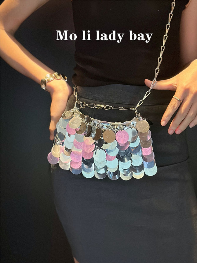 2025 New Silver Shiny Bag Hand-Woven Sequin Bag Mobile Phone Bag Long Shoulder Strap Single Shoulder Crossbody Bag for Women