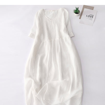 2023 Summer Design Sense Organ Pleat Artistic Retro Solid Color V-neck Ramie Cool Slimming Long Dress Women's Dress