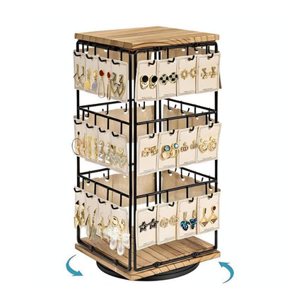 Cross-border Detachable Desktop Four-sided Square Jewelry Rack Wrought Iron Wooden Base Jewelry Earrings Earrings Display Storage Rack