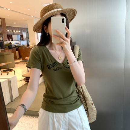 Affordable Women's Style Letter Printed V Neck Right Shoulder Short-Sleeved T-Shirt for Women 2025 Summer New Pure Pinch Waist Sexy Top