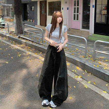 Black and Grey Scimitar Wide Leg Jeans Women's 2025 Summer New Straight Loose High Waist Dummy Slimming Mop Pants