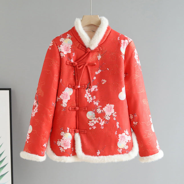 Internet-famous Northeast Big Flower Cotton-padded Jacket Women's Winter New Ethnic Style fleece-lined Thickened Floral Floral Cotton-padded Coat Coat