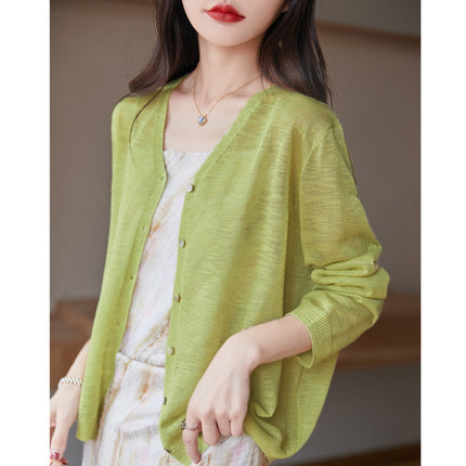 Slub Knitted Cardigan Women's Thin Ice Silk Linen Jacket Summer New Loose Outer Shawl Air-conditioning Shirt for Women