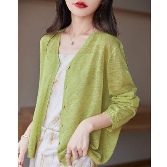 Slub Knitted Cardigan Women's Thin Ice Silk Linen Jacket Summer New Loose Outer Shawl Air-conditioning Shirt for Women