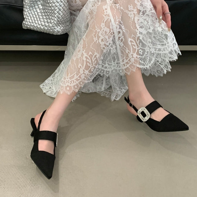 Thin-Heeled High-Heeled Shoes Niche Design Women's Shoes 2025 Spring and Summer New Rhinestone Square Buckle Toe-Back Sandals Shallow Mouth Flats
