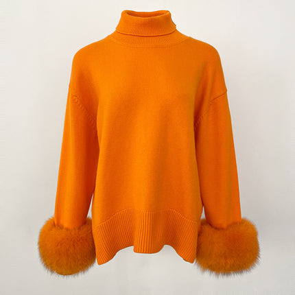 Women's Sweater Amazon Aliexpress Hot-Selling Autumn and Winter New Style Real Fox Fur Cuffs Loose High-Neck Knit Sweater for Women