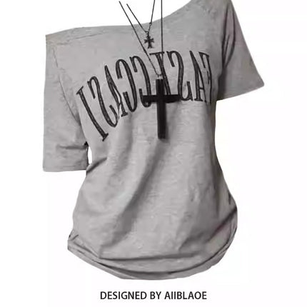 Summer Women's Tops Short-Sleeved Women's T-Shirt Clothes One-Shoulder High-End Cute Printed Short-Sleeved T-Shirt Custom Group Uniform