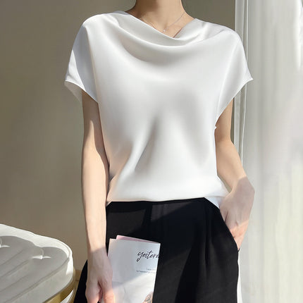 Silk Satin 2025 Spring and Summer New Short Women's French Collar Elegant T-Shirt Simple Short-Sleeved Large Size Top