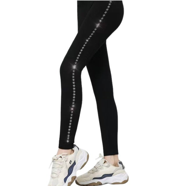 Side Diamond-Embellished Seamless Fleece-Lined Leggings for Women, Warm and Plush, Plus-Size Cropped Pants