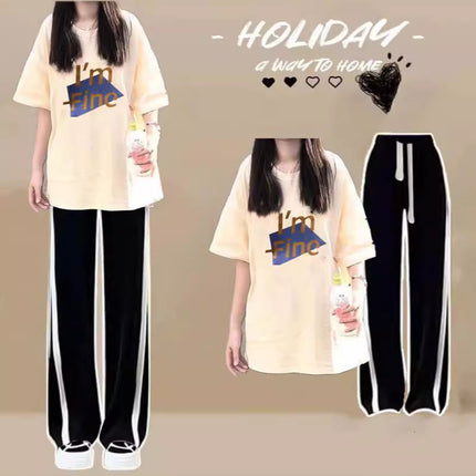 Pure Cotton Short-Sleeved T-Shirt Two-Piece Set for Junior High School Students, Loose Round Neck Top for Girls, Thin, Lazy Style, 2024 New Style