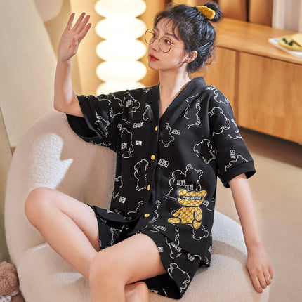 High-end Pajamas Women's Summer Short-sleeved Kimono Cardigan Large Size Student Cartoon Bear Outwear Women's Home Clothes