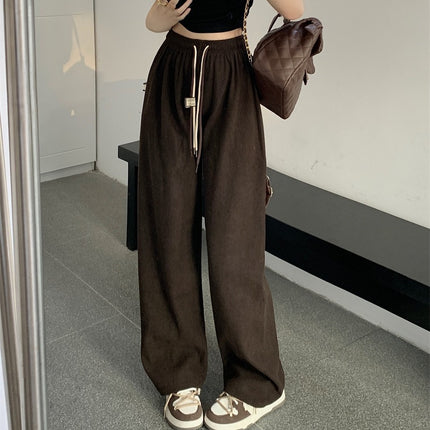 Ultra-Fine Smiley Face Drawstring Pants for Women Straight Casual Corduroy Wide-Leg Pants 2025 Autumn and Winter Drapey Floor-Length Pants