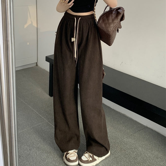 Ultra-Fine Smiley Face Drawstring Pants for Women Straight Casual Corduroy Wide-Leg Pants 2025 Autumn and Winter Drapey Floor-Length Pants
