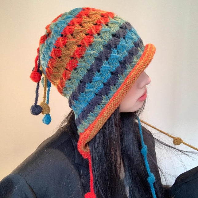 Colorful woven wool hat women's Korean-style all-match fashionable toe cap hollow earmuffs tassel ball knitted hat