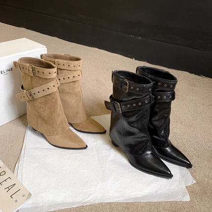 New Style Knee-High Riding Boots American Style Spicy Girl Belt Buckle Boot Short Boots Women's Boots Western Boots Women's Short Boots
