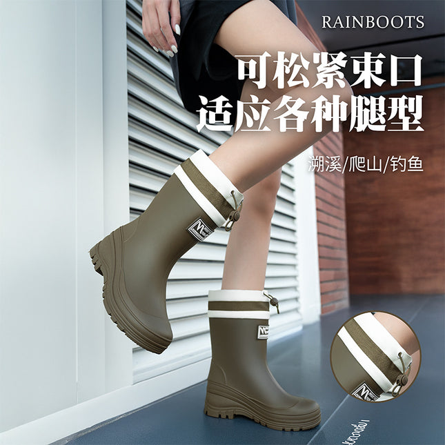 Cross-Border New Rain Boots Camping Waterproof Mid-Calf Rubber Shoes Women's Outdoor Anti-Slip Drawstring Ankle Boots Foreign Trade