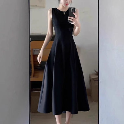 Little Black Skirt Black Sleeveless Dress Women's Summer French Hepburn Style High-End A-Line Pinch Waist Long Skirt
