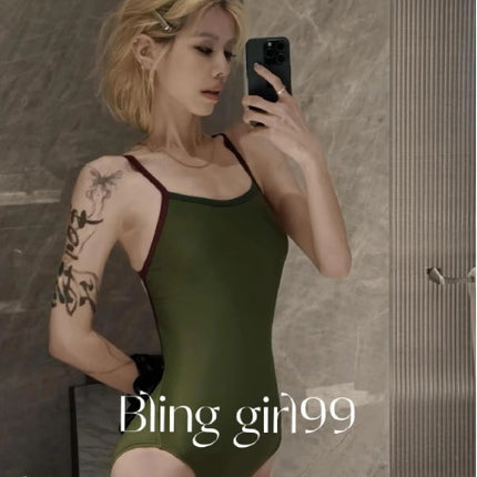 [Moss Green] Racing Swimsuit with Beautiful Back, High-End Whitening, Professional Sports Double-Layer Swimsuit with Breast Pads, New Summer Style