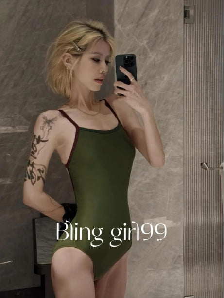 [Moss Green] Racing Swimsuit with Beautiful Back, High-End Whitening, Professional Sports Double-Layer Swimsuit with Breast Pads, New Summer Style