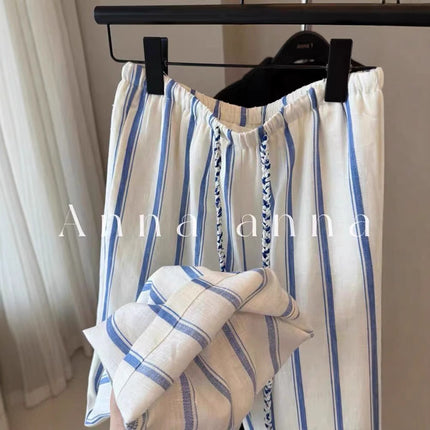 Highly Recommended! Blue and White Striped Linen Wide-Leg Pants 2025 Summer Lazy Drape Cotton-Linen Floor-Length Pants