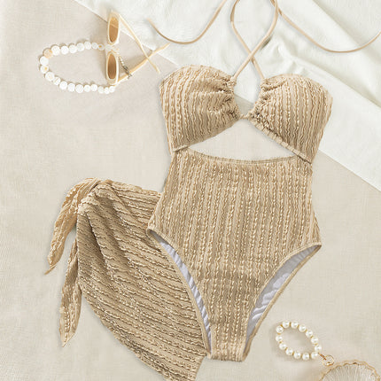 2025 New European and American Swimsuit One-Piece Two-Piece Set Cut Out Tube Top Halterneck Pure Color Cross-Border One-Piece Export Swimsuit