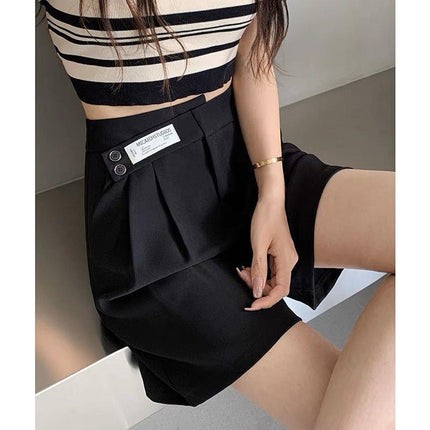 Ice Silk Suit Shorts Women's Summer Thin Five-quarter Pants Loose Wide-leg High-waisted Large Size Double-button Straight Slim Mid-pants
