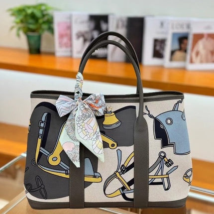 2025 New Canvas Top Layer Cowhide Women's Bag Garden Handbag Large Capacity Genuine Leather Contrast Shoulder Tote Bag
