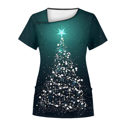Cross-Border Aliexpress Amazon Women's Short-Sleeved Christmas Positioning Printed Flap Pocket Pants Top Scrub Clothes T-Shirt