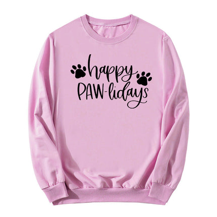 in stock Foreign Trade Cross-border Dog Feet Happy Pawlidays Printed Crewneck Sweat European and American Autumn and Winter Men's and Women's Top