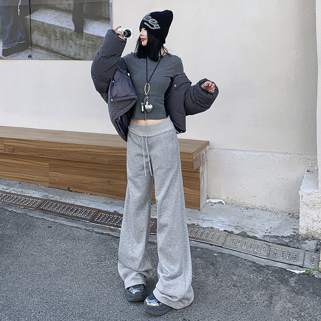 Lazy Drawstring High Waist Wide Leg Casual Pants Women's 2025 Spring New Dipped Loose Slimming Straight Pants