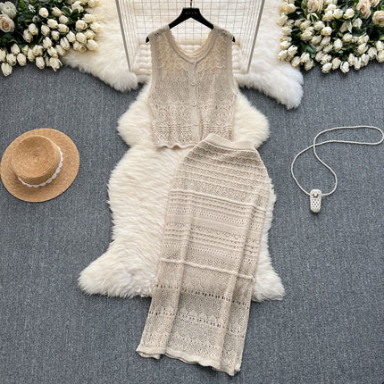 Korean Style Outfit with Elegant and Light Hollow Knitted Cardigan Vest and High-Waisted Half Skirt Holiday Style Two-Piece Set