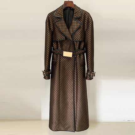 In Stock 2026 Autumn and Winter New European and American Celebrity Fashion Belted Jacquard Maze Pattern Extended Trench Coat