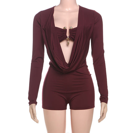 Amazon Foreign Trade Best-Selling Women's Solid Color Long-Sleeved Swing Collar Cut Out Accessible Luxury Sexy Sexy Nightclub Slim Jumpsuit