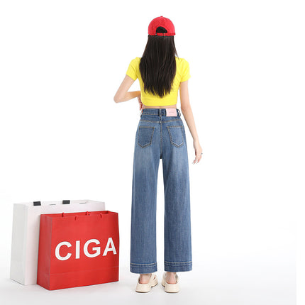 Raccoon House # Lyocell Loose Baguette Pants High-Waisted Elastic Straight Pear-Shaped Figure Slim Jeans for Women